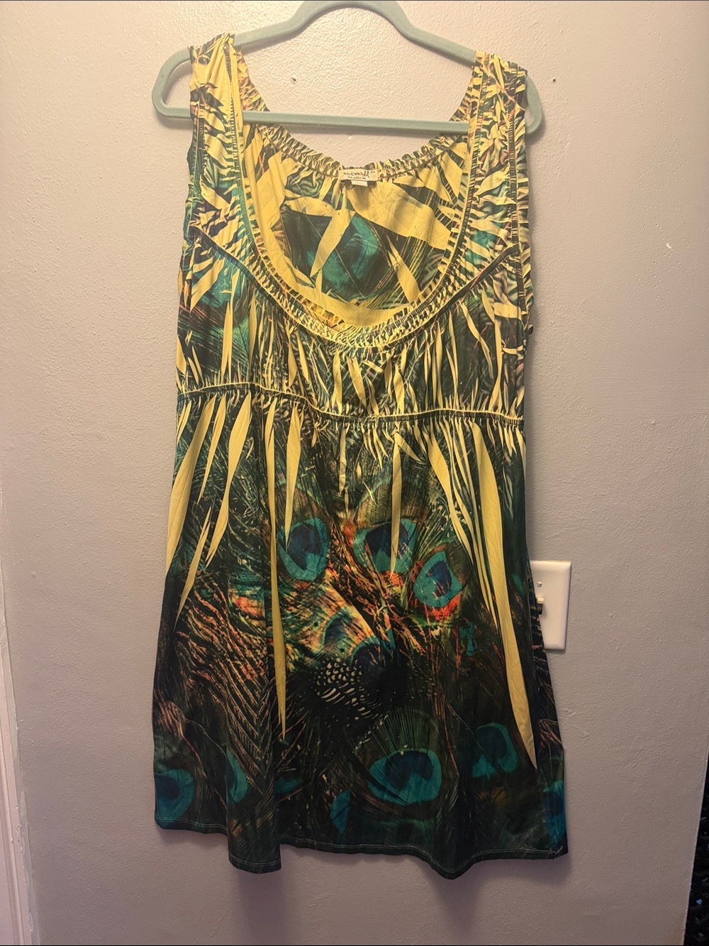 ONE WORLD Yellow and Teal Peacock Print Sleeveless Sundress